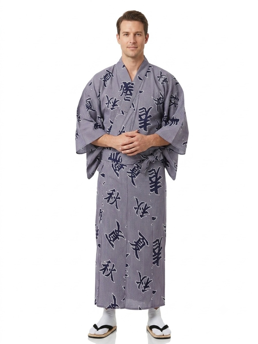 Vintage Style Japanese Kimono Robe XL Tall Navy White Kanji Print 60"